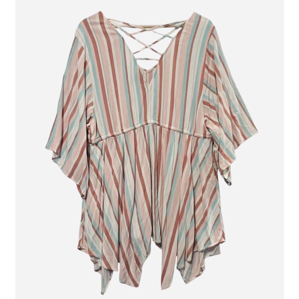 Torrid 2 BABYDOLL Top Challis Stripe Pink Plus Size 2X V Neck Sharkbite Hem - Picture 4 of 12